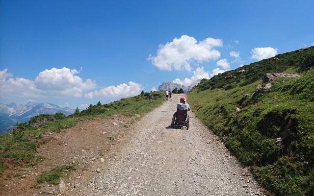 Wheelchair-Tours-Rollstuhl-Wandern-Seiser-Alm-Mahlknechthuette-hinter-Almrosenhütte